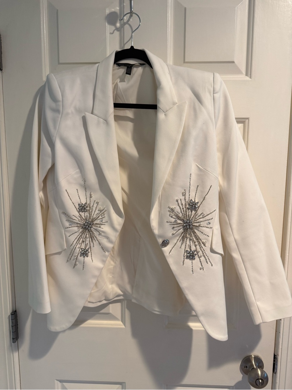 WHBM Editor Blazer White Embellished Starburst Rhinestone Pearl Jacket Size 8